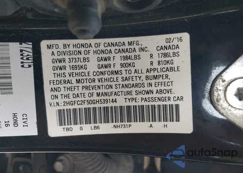 2016 Honda Civic Lx из США, поврежденный, VIN 2HGFC2F50GH539144